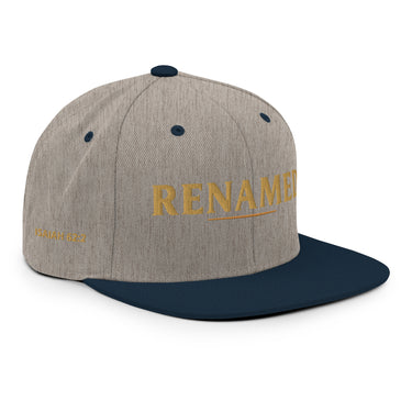 Renamed Classic Snapback Heather Grey/Navy flat mockup, right front embroidery in Old Gold